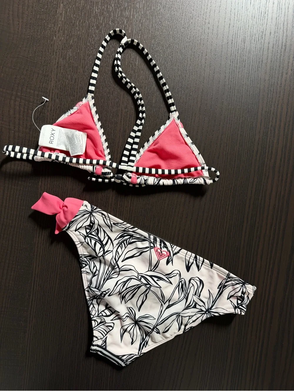 Girls Black & White Stripe Two-Piece Swimsuit with Pink Accents